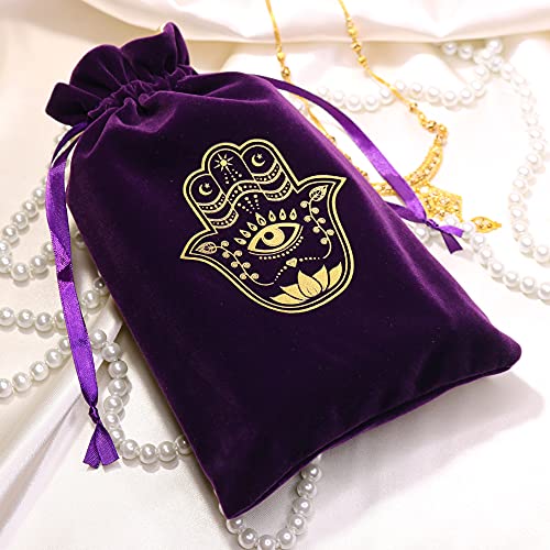 ARTSY CRAFTS 6x9" Hamsa Hand Velvet Jewelry Pouch Gift Bags, Fatima Hand Evil Eye Velvet Drawstring Oracle Tarot Card Rune bags Dice Bag (2pk Eggplant Purple) - color: 2pk Eggplant Purple