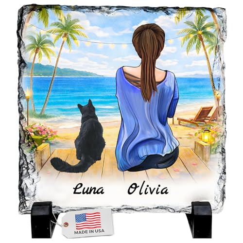 Personalized Photo Rock Slate Frame - 1 Cat Mom - Square Shape | Custom Stone Plaque Picture Frame, Cat Gift for Women, Cat Lover Gifts for Women, Birthday, Christmas, Mother’s Day - color: Mom-1Cat-Slate