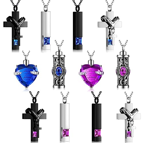 12 Pcs Urn Necklace for Ashes Bulk Cremation Cross Heart Cubic Jewelry Stainless Steel Memorial Locket for Men Women - color: Blue, Pink Purple