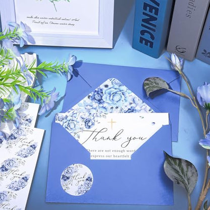 FYSUIMU Floral Funeral Thank You Cards Blue Rose Flower Sympathy Thank You Cards with Sticker Envelope Bereavement Card for Memorial Service Loved Ones Celebration of Life, 24 Pcs