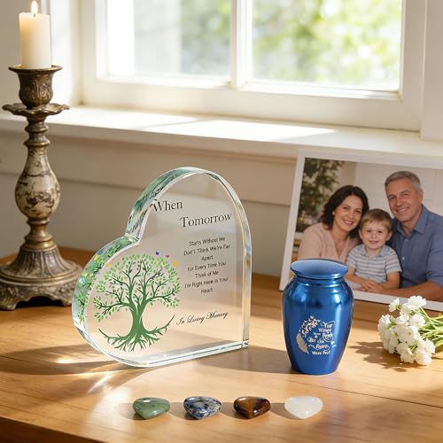 Tree of Life Small Urn,Crystal Heart Mini Urn with Blue Tiny Urn & Four Heart-Shaped Stones,Small Keepsake Urns for Human Ashes Memorial Urn for Mom/Dad's Ashes Tiny Cremation Sharing Urn