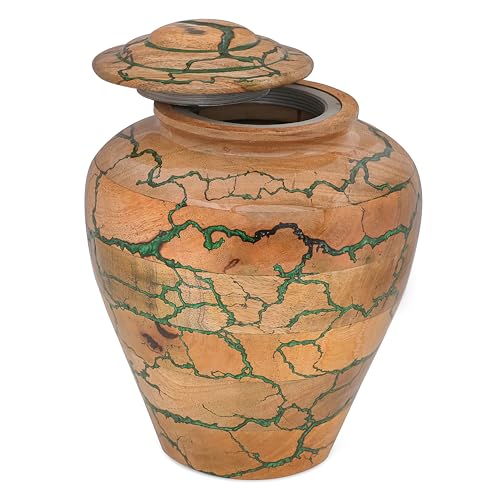 Wooden Cremation Urn for Adult Human Ashes – Handmade Mango Wood Funeral Urn with Green Epoxy Inlay – Large 225 Cu in Memorial Burial Urn Box with Velvet Bag (225 lbs) - size: Large (225 lbs)