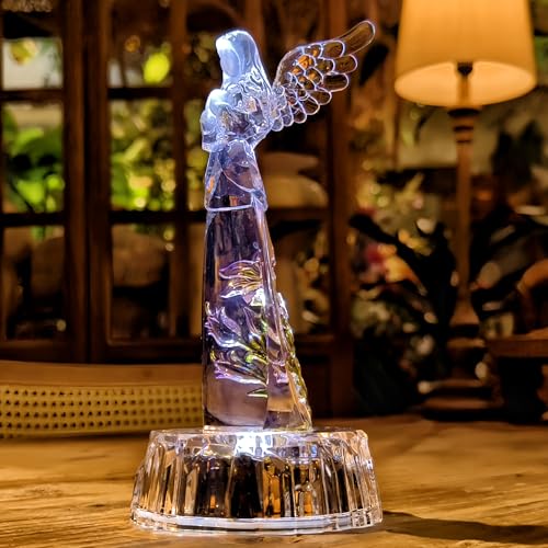 Praying Angel Acrylic Statue 8.6”H LED Lighted Christmas Decor | LED Acrylic Praying Angel Statue Symbol Of Peace Luck Dual Power Night Light Ornament For Holiday Mother’s Day Gifts