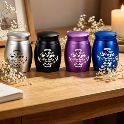 Set of 4 Small Keepsake Urns for Ashes, Angel Wings Design, Mix | Aluminum construction, Secure screw lid, Individual velvet bags, Sharing keepsakes, Travel friendly, Human or pet remembrance - color: Multicolor