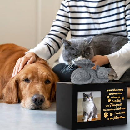 Pet Urns for Ashes, Black Wooden Cat Urns for Ashes with Cat Angel, Cat Memorial Keepsake Memory Box with Photo Frame, Loss Pet Sympathy Remembrance Gift (Medium - Memory)