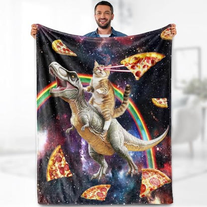 Aimego Funny Cat Blanket Gifts for Men Women Kids Cool Cat Riding Dinosaur on Fantasy Galaxy Cozy Travel Bed Couch Plush Boys Girls Birthday Christmas Lightweight Blanket 50"x60" - color: Funny Cat, size: 50"x60"