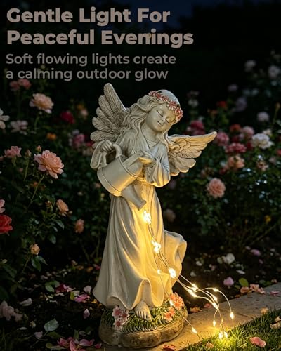 Solar Angel Statue, Warm Light Resin Garden Decor, 10 Inch | Hand-Painted, Weatherproof, Soft Warm Flowing Light, Gift for Women, Peaceful Accent