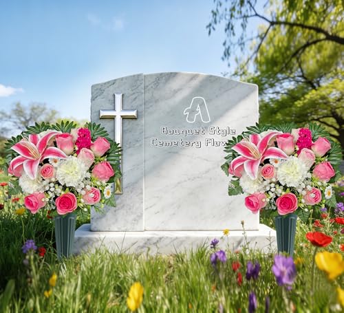 Artificial Cemetery Flowers,Memorial Flowers,Beautiful Arrangements for Headstones,Silk Lily Rose Carnation