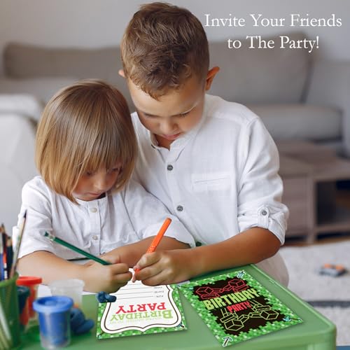 Pixel Birthday Invitations for Boys Video Gaming Invites with Envelopes 20 - color: Green Gaming Pixel