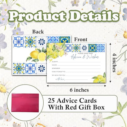 Advice And Wishes Cards (25pcs), Mediterranean Lemon Advice Cards For Mr And Mrs, Bride And Groom, New Parents, Bridal Shower, Baby Shower, Engagement, Wedding, Bachelorette Party Games Decor -A03 - style: Mediterranean Lemon