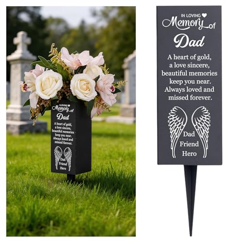 Dad Cemetery Vases for Grave, Metal Cemetery Grave Flower Vase with Drainage Holes for Fresh/Artificial Flowers, Flower Holder Memory Sign for Loss of Father/Dad Memorial Day Vases - color: Dad