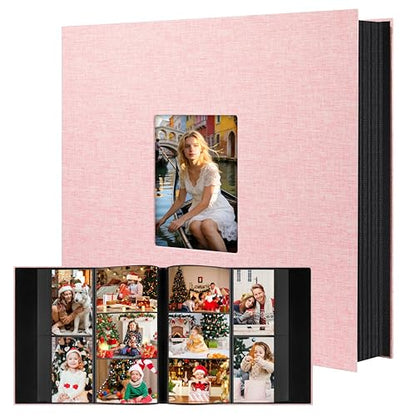 Aevdor Large Capacity 4x6 Photo Album, 1000 Photos, Linen Cover, Pink | Black Inner Pages, 3 Horizontal and 2 Vertical Pockets per Side, Front Photo Window, Family, Wedding & Travel Memories - color: Pink