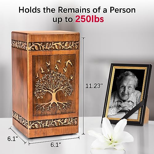 Wooden Cremation Urn for Human Ashes Adult Male Female 250 lbs, Engraved Tree of Life Decorative Funeral Urns Box and Casket for Ashes Men Women with Satin Bag Burial or Memorial(Tree of Life)