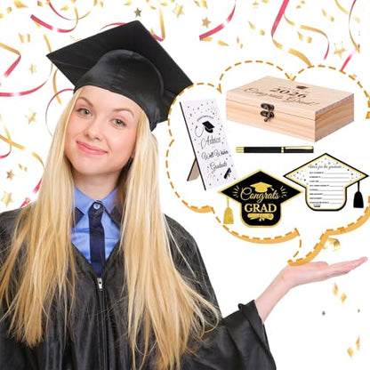 Gersoniel Graduation Advice Cards Class of 2026 Congrats Grad Wood Box Advice and Wishes Wooden Table Sign with Pens 60 Pcs Graduation Games Cards Grad Party Keepsake Decorations for 2026 Graduate