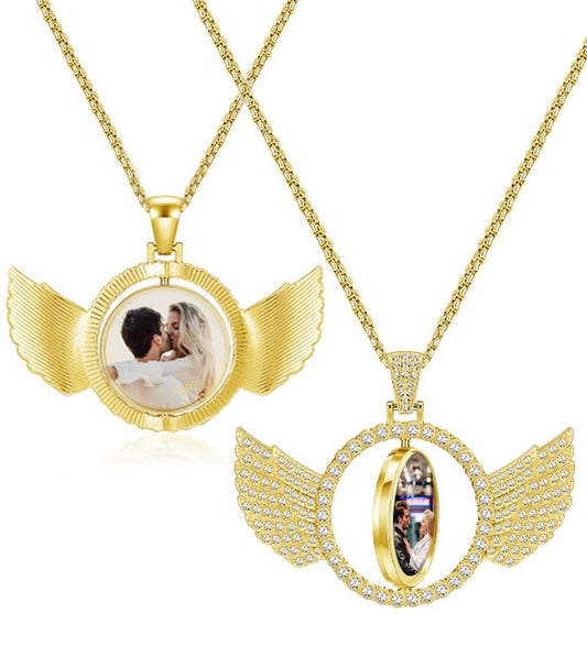 PiercingJ Customized Double-Side Photo Necklace Custom Picture Pendant Chain Personalized Cubic Zirconia Hip Hop Jewelry Gift for Men Women with Gift Box - color: Gold-Angel Wing-1PC
