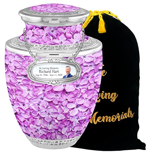 Personalized Medallion Soothing Liliac Cremation Urns for Adult Ashes Male Female - 200lbs Burial Urns for Human Ashes - Handcrafted Funeral Decorative Urns for Ashes Adult Male with Velvet Bag - color: Soothing Liliac Free Personalized Medallion
