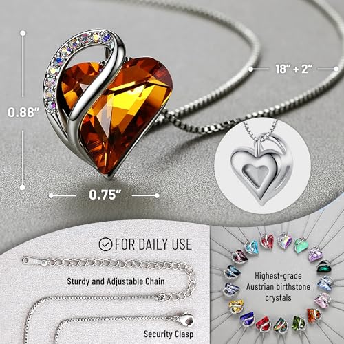 Leafael Gift Necklaces for Women, Infinity Love Birthstone Heart Crystal Pendant, Birthday Anniversary Jewelry for Wife, Mom, and Her, Silver Plated, 18" + 2" Adjustable Chain - color: 11a-November-Amber Brown