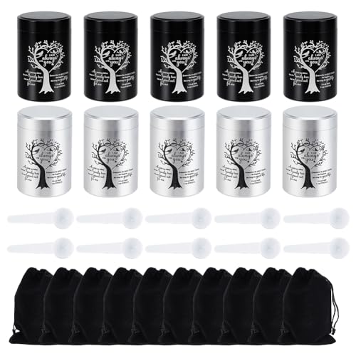 WEBEEDY 10 Mini Urns for Human Ashes 5 Black 5 Silver Small Keepsake Urns Set Memorial Cremation Keepsake Urn with Velvet Bag Spoon for Family Sharing Pet Remembrance Gifts