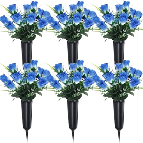 Tigeen 6 Set Cemetery Memorial Flowers for Grave Decor,Blue | 12 Bunches 84 Heads, Artificial Silk Rose Floral Bouquet with Grave Vase for Gravesite Cemetery Headstones Decorations - color: Blue