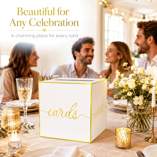 White and Gold Foil Card Box for Wedding, Bridal Shower and Anniversary | Collect Cards and Envelopes in One Place with an 8.7 Inch Cube, Wide Top Slot and Elegant White Gold Foil Design - color: White Gold