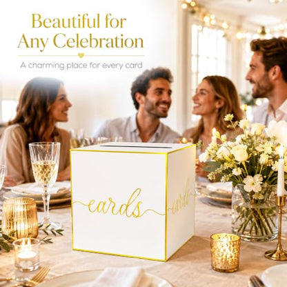 White and Gold Foil Card Box for Wedding, Bridal Shower and Anniversary | Collect Cards and Envelopes in One Place with an 8.7 Inch Cube, Wide Top Slot and Elegant White Gold Foil Design - color: White Gold