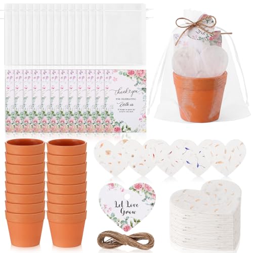 50 Sets Wedding Gifts for Guests Heart Shaped Seed Paper Baby Shower Seed Packet Party Favor Plantable Paper Thank You Cards Mini Terracotta Pots and Organza Bags for Bridal Shower Party Favor