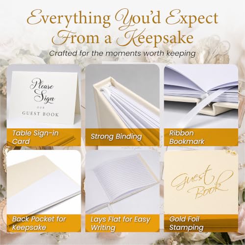 Wedding Guest Book, 100 Blank Pages, 9×7" Gold Foil Hardcover - color: Cream