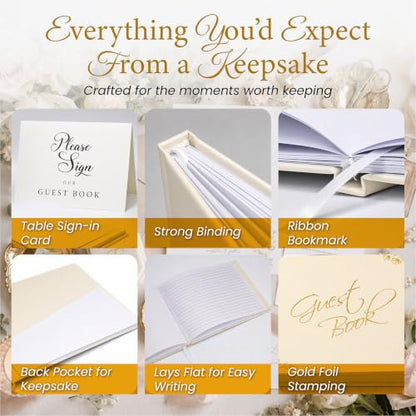 Wedding Guest Book, 100 Blank Pages, 9×7" Gold Foil Hardcover - color: Cream