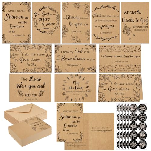 Affrolling 50 Pcs Kraft Christian Thank You Cards with Envelopes Stickers - style: Kraft