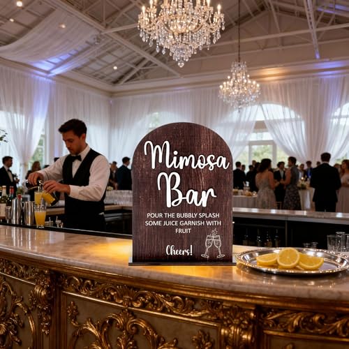 Rustic Wood Mimosa Bar Sign Table Top for Wedding Welcome Table | Modern Calligraphy, Rustic Wooden, Table Top, Wedding Reception and Event Party - color: Brown-Mimosa Bar
