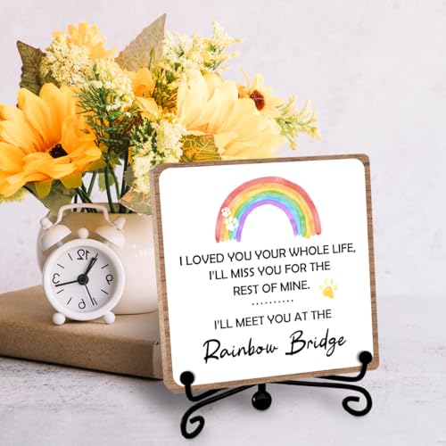 Rainbow Bridge Pet Memorial Gifts for Grieving Friends, Sympathy for Women | Remembrance Desk Shelf Decor, Pet Bereavement Condolences Keepsake for Office Bedroom Home, Wooden Sign with Iron Stand - style: Rainbow bridge 02