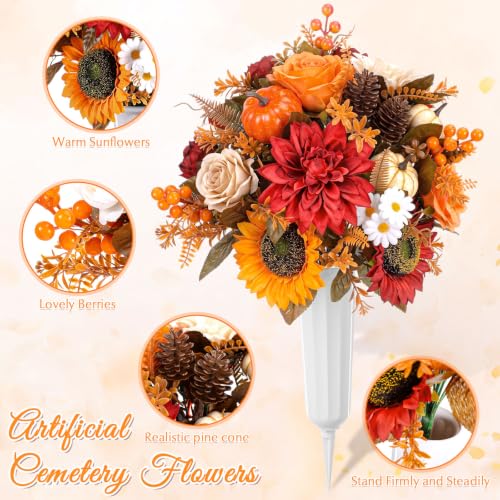 Giegxin 3 Pcs Fall Headstone Flower Saddle Cemetery Grave Flower Sunflower | Pumpkin Sunflower Maple Leaves Rose Pine Cone, Autumn Artificial Memorial Flower with Vase, Thanksgiving Floral Arrangement - color: Red, Orange, style: Sunflower Mum Pumpkin