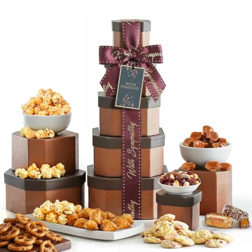 Broadway Basketeers Sympathy Condolence Gift Tower Basket, Cookies & Snacks | Food gift tower with cookies and snacks to comfort family and friends after loss. Kosher shiva basket.