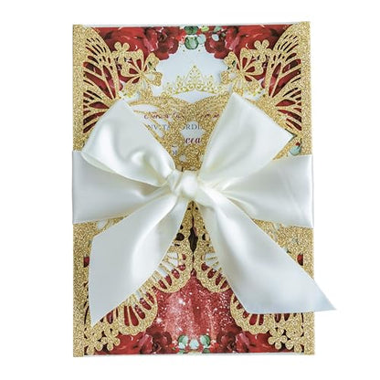 20 PCS Butterfly Quinceanera Invitation, Laser Cut Invitation Cards | 5.12x7.2" Gold Glitter Butterfly Quinceanera Invitation with Envelopes for XV Anos Bridal Shower Baby Shower Invite - color: Golden Glitter
