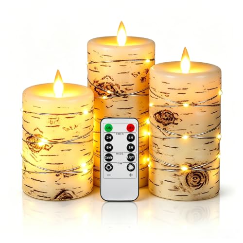 Da by 3 Pack Birch Bark Real Wax Flameless Candles, Flickering LED Taper Candles with Copper String Lights, Battery Operated Candles with Remote for Farmhouse Wedding Home Decor - color: Birch#3*1
