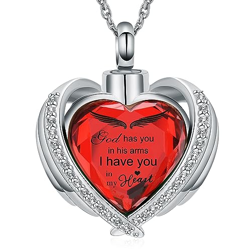 shajwo Angel Wing Heart Urn Ashes Necklace for Women Men | Cremation Jewelry,Birthstone Necklace of Loved One,Memorial Pendant for Human Pet - color: Silver-Red