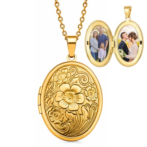 Vintage Engraved Flower Locket Necklace for Women Antique Oval Photo Pendant with Picture Holder - color: Gold