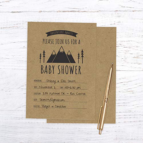 Canopy Street Adventure Awaits Baby Shower Invitations / 25 Mountain Themed Fill In The Blank Gender Neutral Baby Shower Invites / 5" x 7" Flat Boy Or Girl Gender Reveal Invitation - color: Adventure Awaits