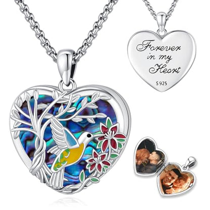 Picture Locket Necklace for Women Men Rose 14K Real Gold 925 Sterling Silver Jewelry Heart Locket Necklace that Holds Pictures Tree of Life Viking Wolf Celtic Knot St Christopher St Michael Pendant - color: H-Heart Locket-hummingbird