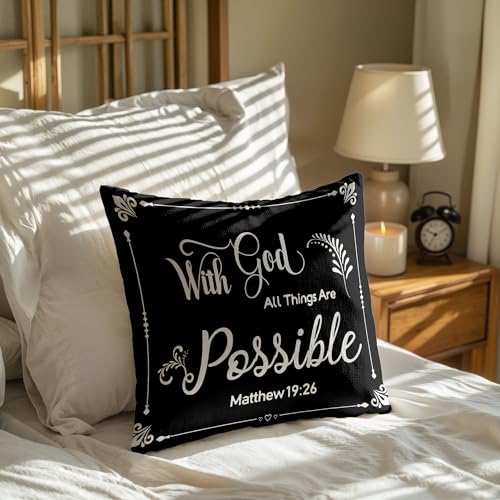 with God All Things are Possible Religious Scripture Black Bible Verses Everything is Possible with God Bibical Throw Pillow Covers 18x18 inch Inspirational Gifts，Christian Gifts - color: 04 Christian