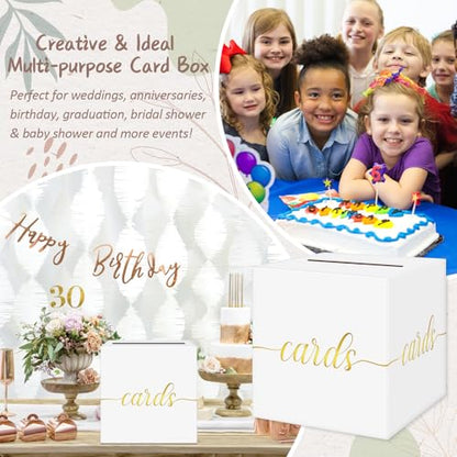 QIKSION Elegant Wedding Card Box, Gold Foil Gift Card Box for Party, White - color: White and Gold Foil