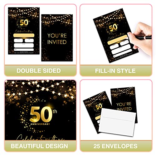 50th Anniversary Invitations Cards, Black Gold Glitter Wedding Anniversary Invitations with Envelopes, Celebrate With Us Fill-in Invites Cards, Anniversary Party Supplies Decorations(Pack of 25) - color: Black Gold Glitter