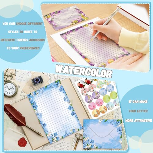 TaoBary 160 Pcs Flower Stationery Paper and Envelopes Set 50 Double Sided Lined Stationery Paper with 50 Matching Envelopes and 60 Round Dot Sticker 8.5 x 11'' Letter Writing Kit, 10design - size: 8.5 x 11 Inch, style: Flower