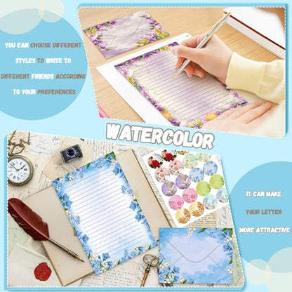 TaoBary 160 Pcs Flower Stationery Paper and Envelopes Set 50 Double Sided Lined Stationery Paper with 50 Matching Envelopes and 60 Round Dot Sticker 8.5 x 11'' Letter Writing Kit, 10design - size: 8.5 x 11 Inch, style: Flower