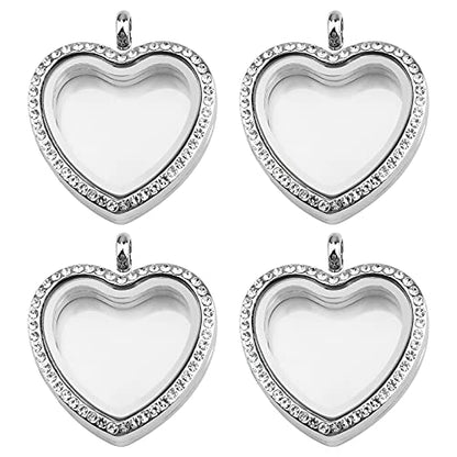WANDIC Rhinestone Photo Charm, Rose Gold Heart Crystal Photo Pendant Bridal Wedding Bouquet Charms Living Floating Memory Locket for 2 Pictures - color: Sliver