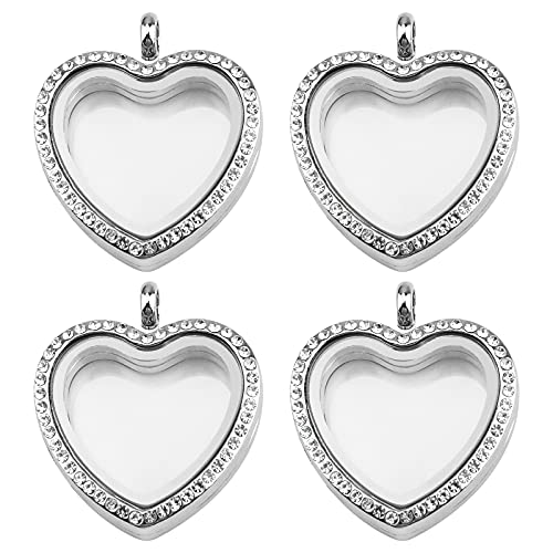 WANDIC Rhinestone Photo Charm, Rose Gold Heart Crystal Photo Pendant Bridal Wedding Bouquet Charms Living Floating Memory Locket for 2 Pictures - color: Sliver
