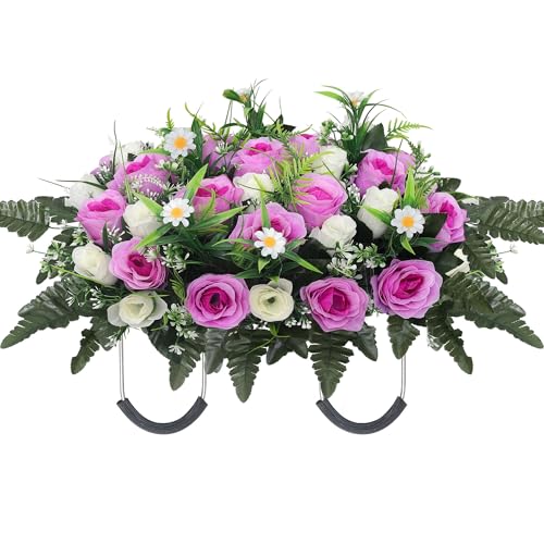 Artificial Cemetery Flowers Set Headstone Flower Saddle Memorial Grave Roses for Outdoor Grave Decor UV Resistant - color: Purple