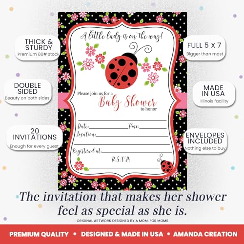 Amanda Creation Ladybug Baby Shower Invitations, 20 Fill-In 5x7 Love Bug Baby Shower Invitation Double-Sided Red Ladybug Theme Invite Cards with White Envelopes - style: Red Ladybug