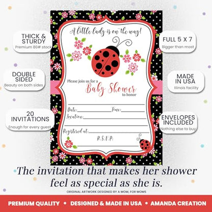 Amanda Creation Ladybug Baby Shower Invitations, 20 Fill-In 5x7 Love Bug Baby Shower Invitation Double-Sided Red Ladybug Theme Invite Cards with White Envelopes - style: Red Ladybug