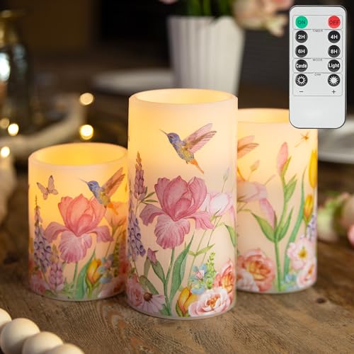 Flameless Candles with Remote, Hummingbird Battery Operated Candles | Set of 3 LED Candles Real Wax, Battery Operated Spring Pillar Candles with Timer for Mantel Home Decor - color: Hummingbird-Wax